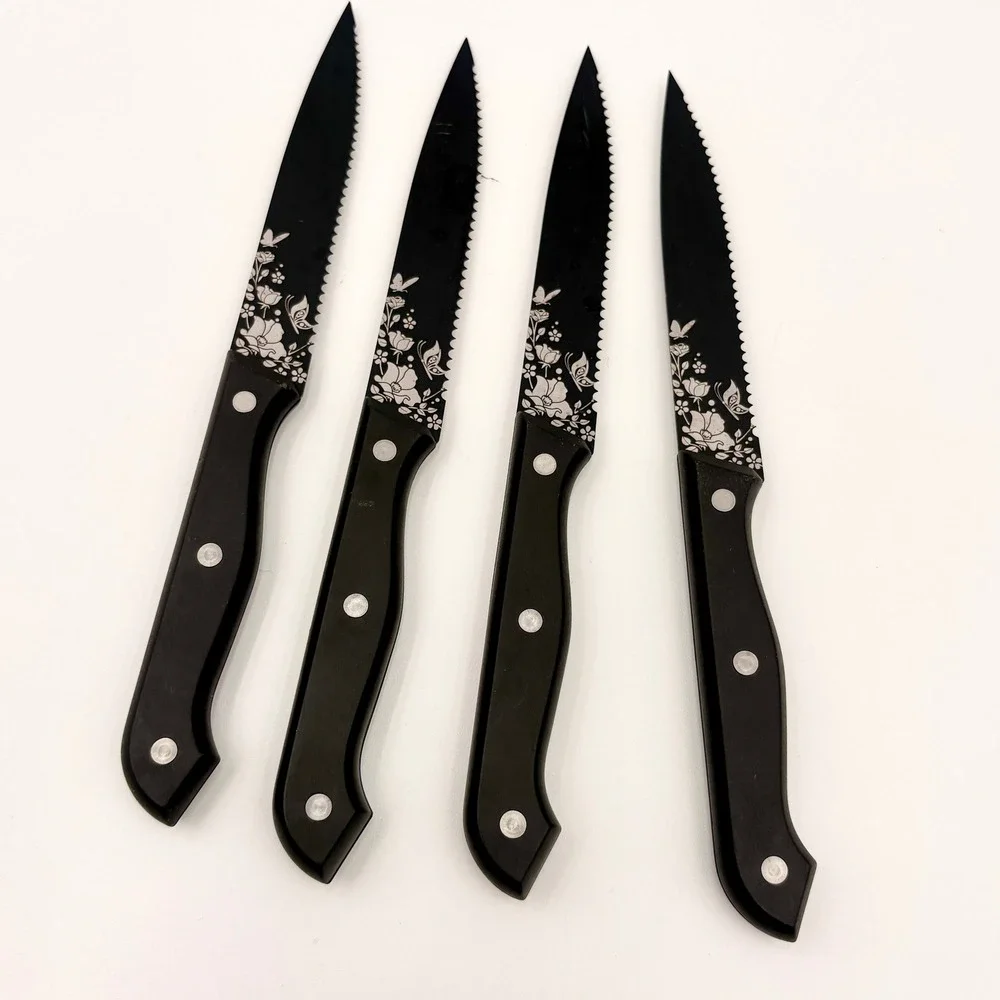 Black Goth Floral Butterfly Serrated Steak Knife Set of 4 Halloween  Riveted